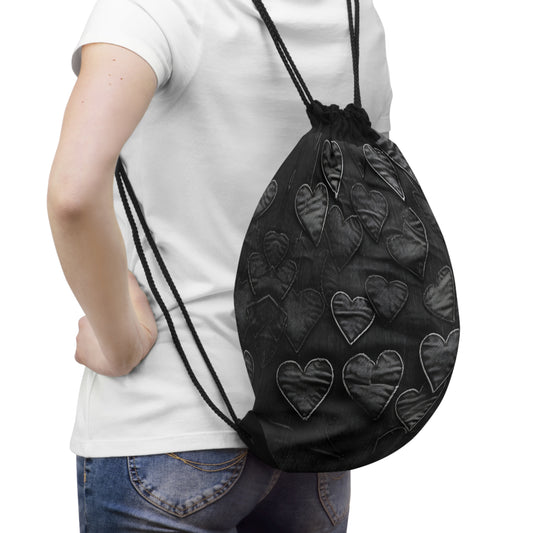 Black: Distressed Denim-Inspired Fabric Heart Embroidery Design - Drawstring Bag