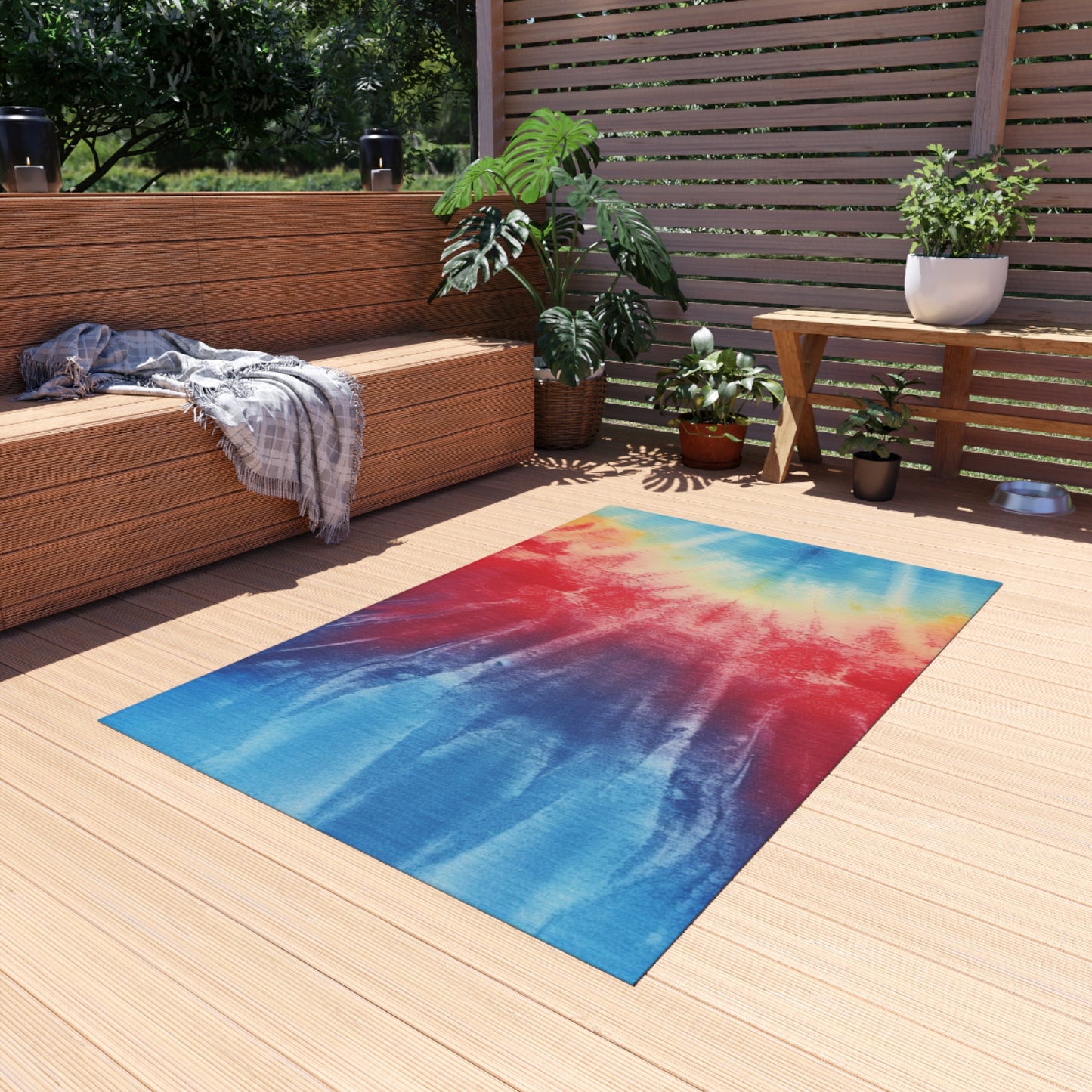 Rainbow Tie-Dye Denim: Vibrant Multi-Color, Fabric Design Spectacle - Outdoor Rug