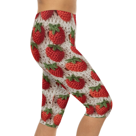 Strawberry Traditional Japanese, Crochet Craft, Fruit Design, Red Berry Pattern - Women’s Capri Leggings (AOP)