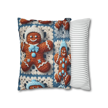 Winter Cheer: Charming Crocheted Gingerbread Christmas Friends Adorned with Snowy Hats and Sweet Smiles - Spun Polyester Square Pillow Case