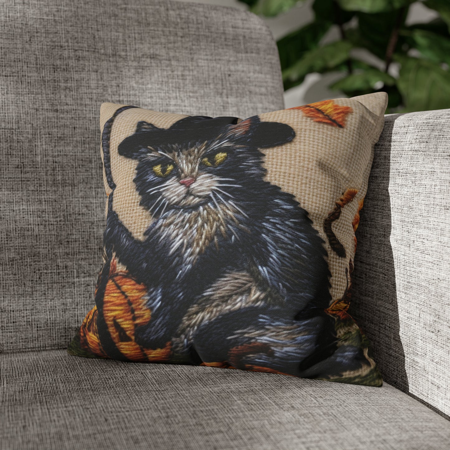 Halloween Cat Magic: Embroidered Style Feline with Pumpkins & Witch Hat - Spun Polyester Square Pillow Case