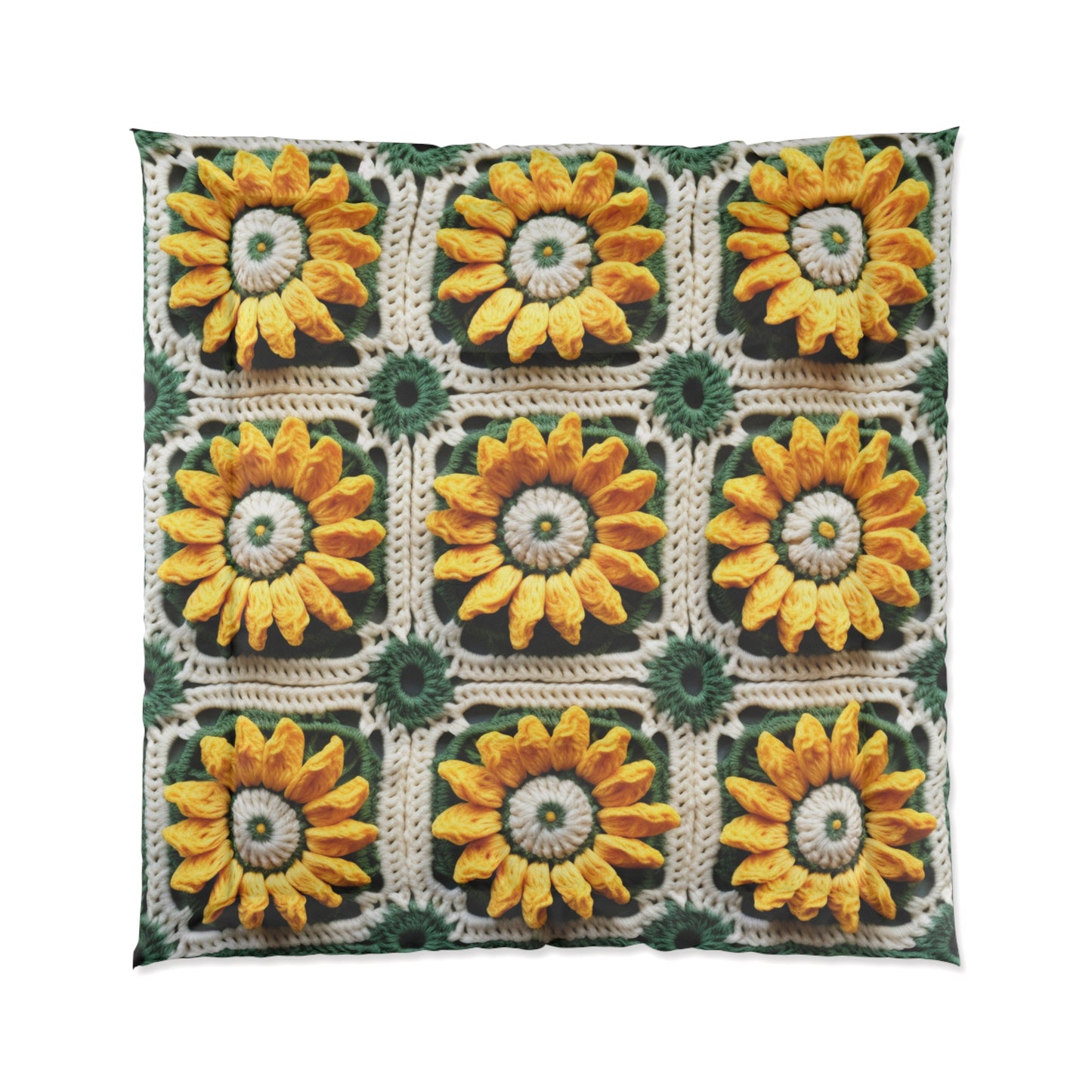 Sunflower Crochet Elegance, Granny Square Design, Radiant Floral Motif. Bring the Warmth of Sunflowers to Your Space - Bed Comforter