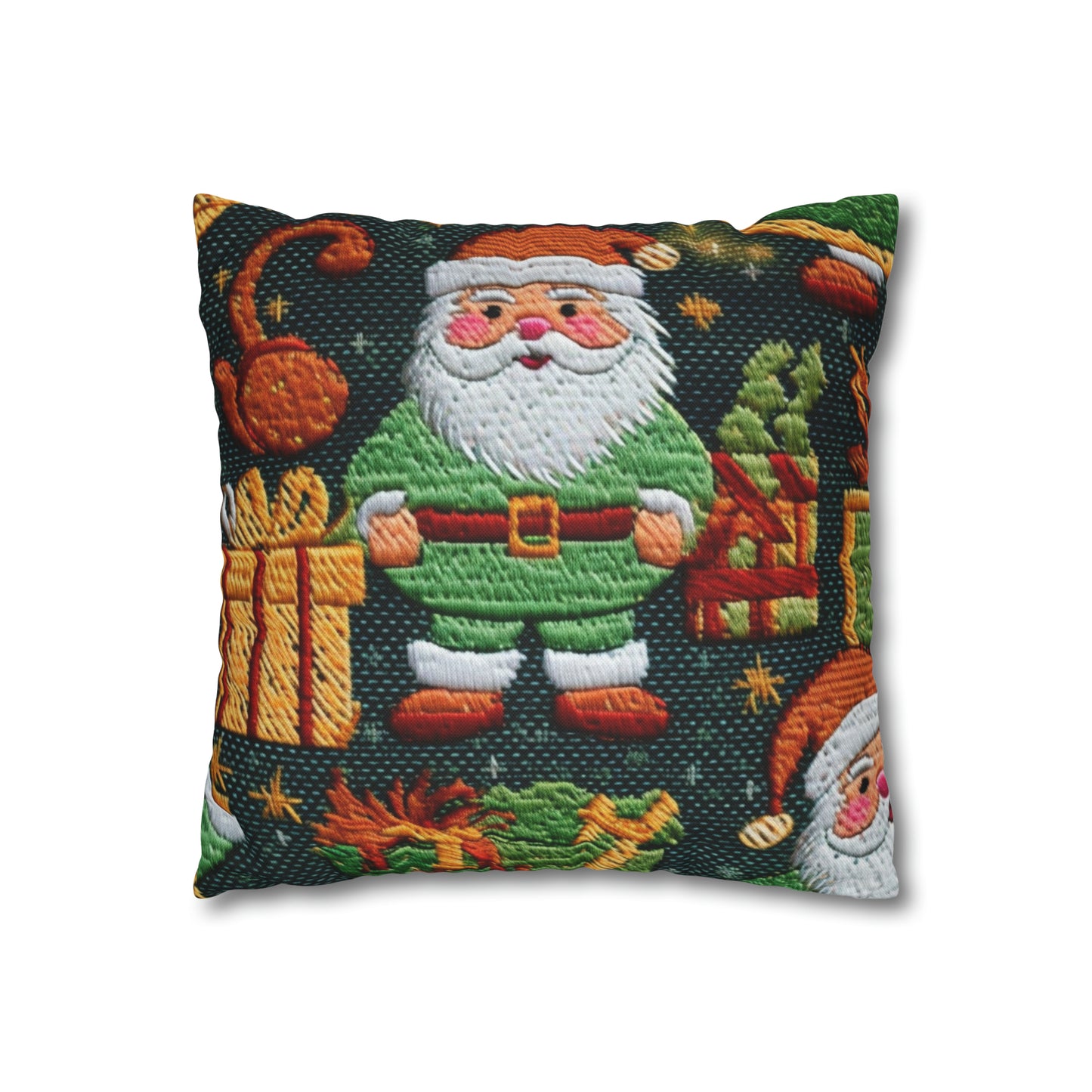 Papá Noel navideño - Regalos bordados - País de las maravillas invernal festivo - Diseño Deck the Halls - Funda de almohada cuadrada de poliéster hilado 