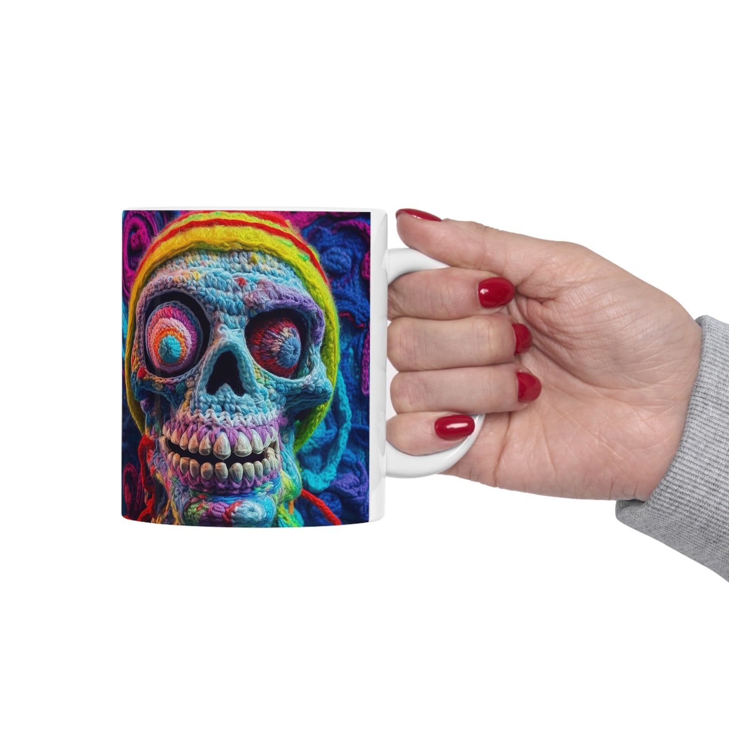 Diseño de terror aterrador de Halloween con calavera de ganchillo - Taza de cerámica 11oz 