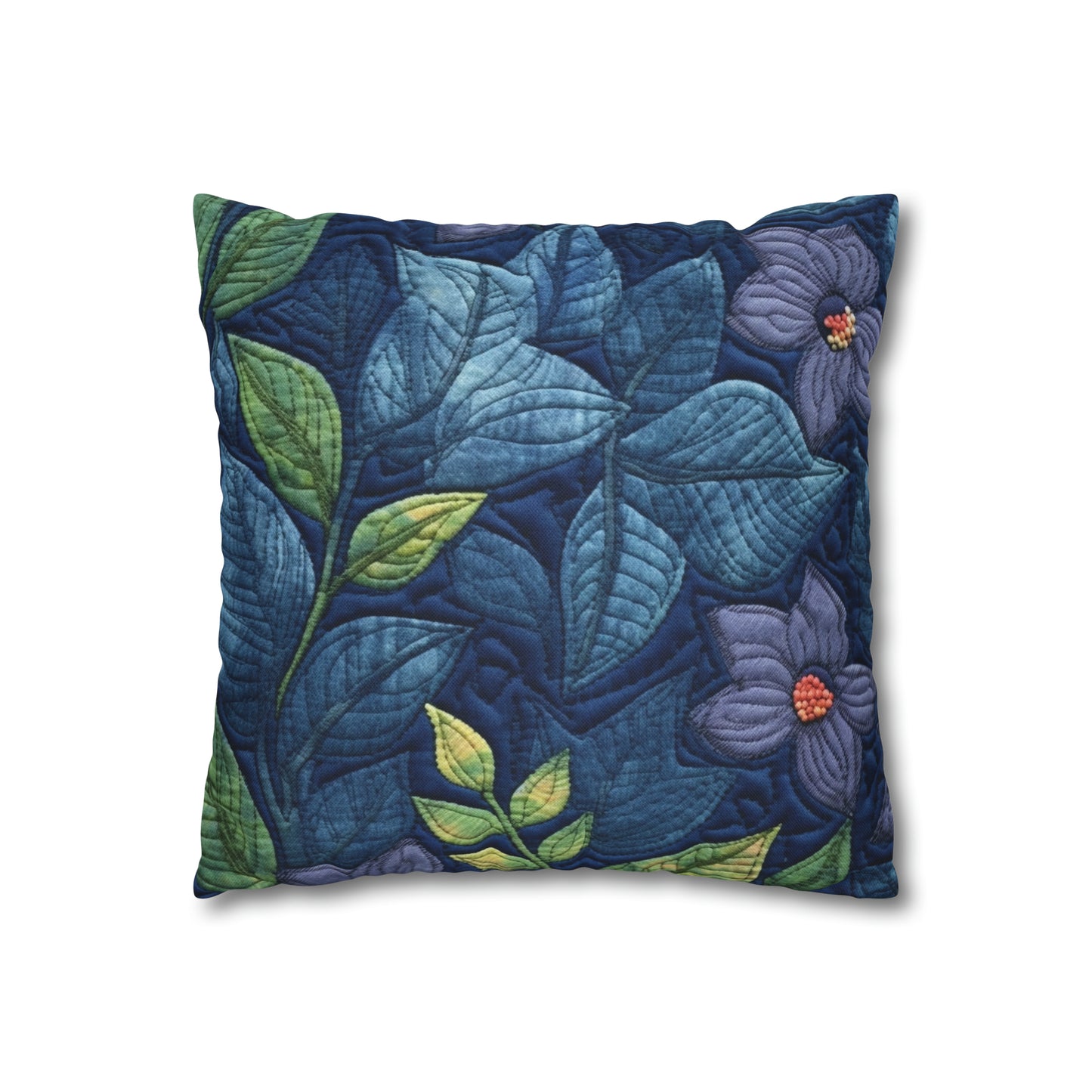 Floral Embroidery Blue: Denim-Inspired, Artisan-Crafted Flower Design - Spun Polyester Square Pillow Case