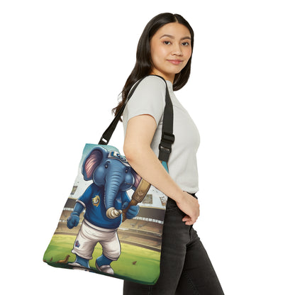 India Elephant Cricket Sport Star: Pitch, Run, Stump Game - Animated Charm - Adjustable Tote Bag (AOP)