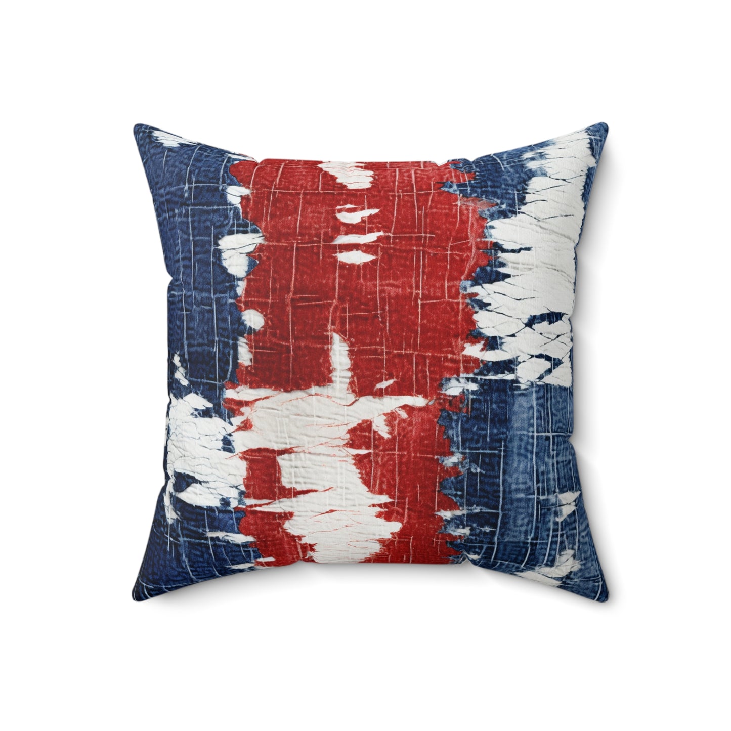 Rojo patriótico, blanco y azul: estilo denim desgastado, tela rasgada - almohada cuadrada de poliéster hilado