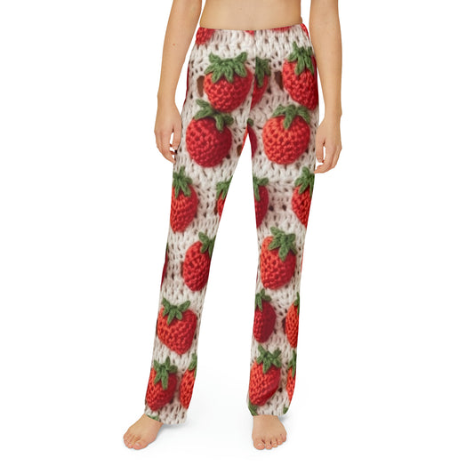 Strawberry Traditional Japanese, Crochet Craft, Fruit Design, Red Berry Pattern - Kids Pajama Pants (AOP)