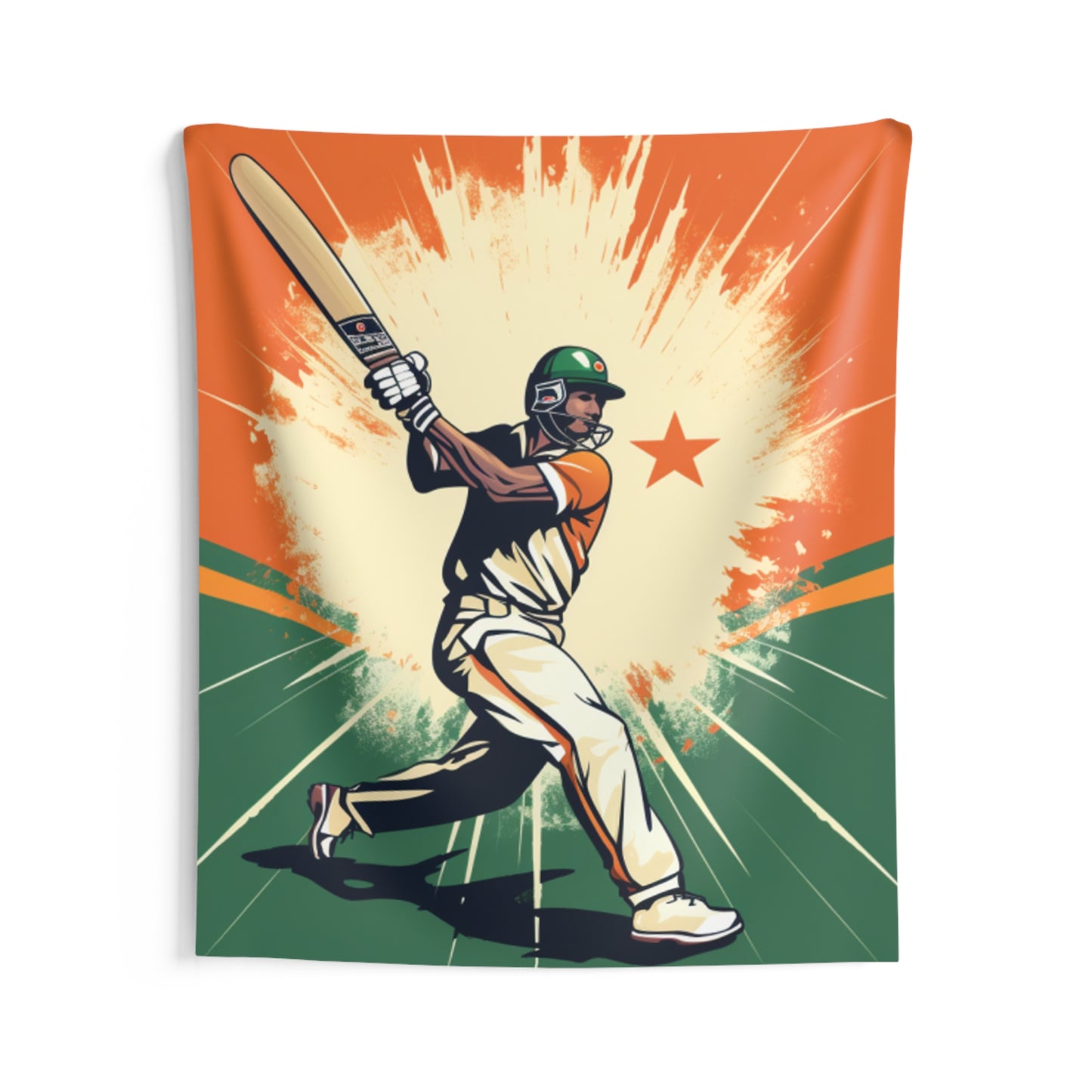 India Cricket Star: Batsman With Willow Bat, National Flag Style - Sport Game - Indoor Wall Tapestries