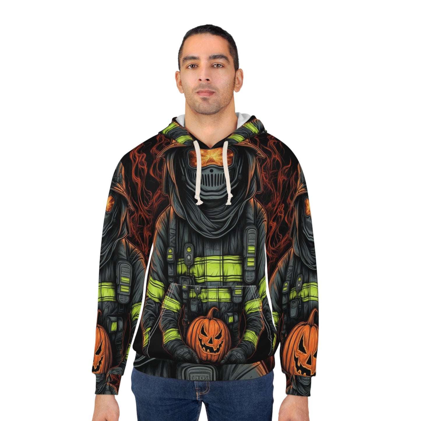 Firefighter Spooky Alert: Facing Haunted Halloween Spirits Scary Fire Pumpkin - Unisex Pullover Hoodie (AOP)