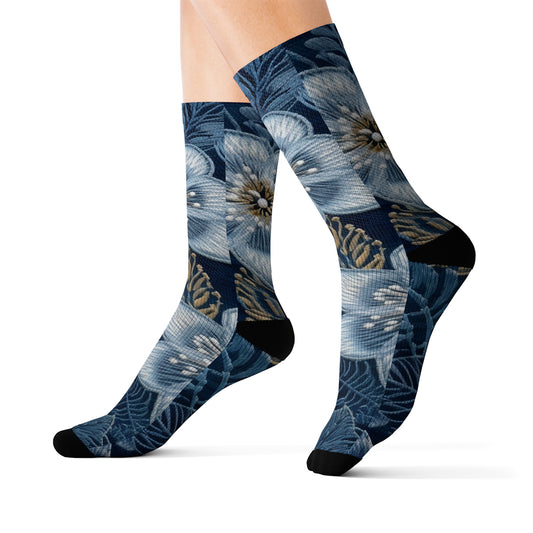 Flower Blossom Embroidery Floral on Denim Style - Sublimation Socks