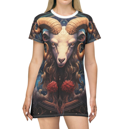 Aries Zodiac Ram - Vibrant Astrological Sign Cosmic Space Symbol - T-Shirt Dress (AOP)