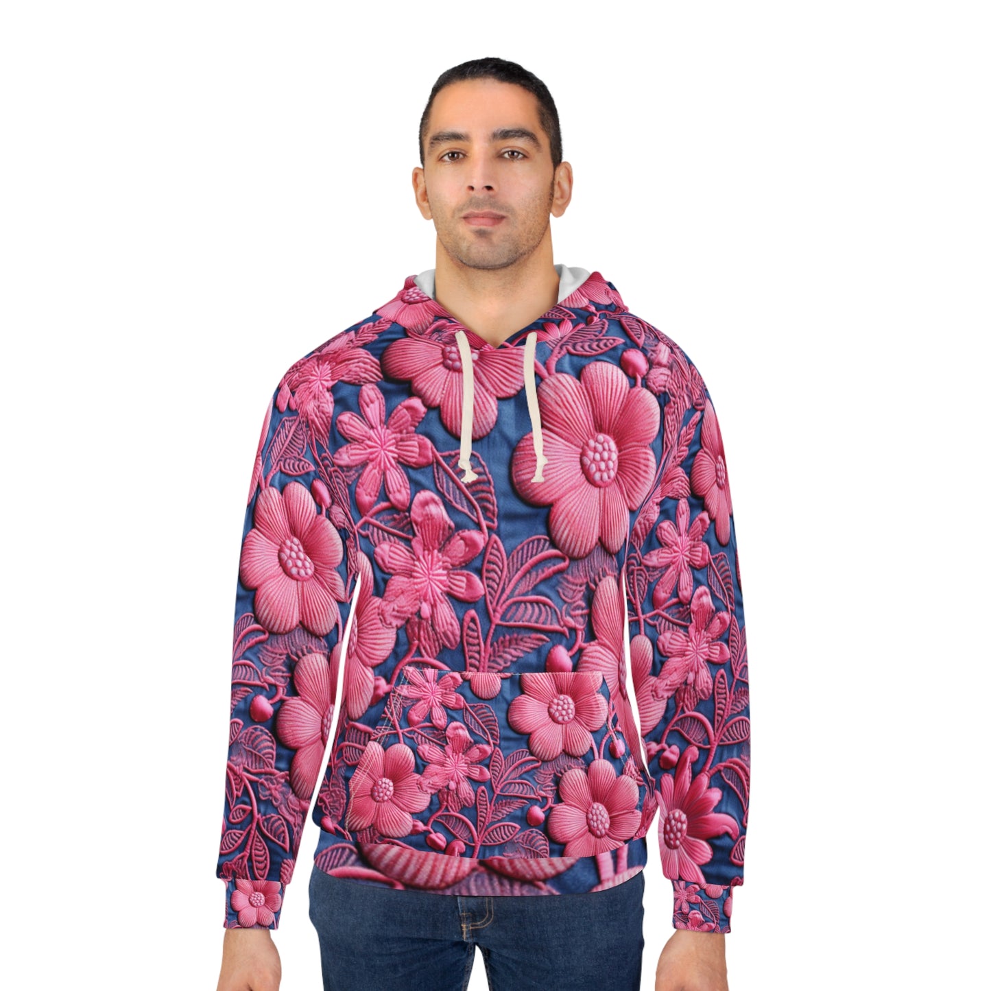 Denim Blue Doll Pink Floral Embroidery Style Fabric Flowers - Unisex Pullover Hoodie (AOP)