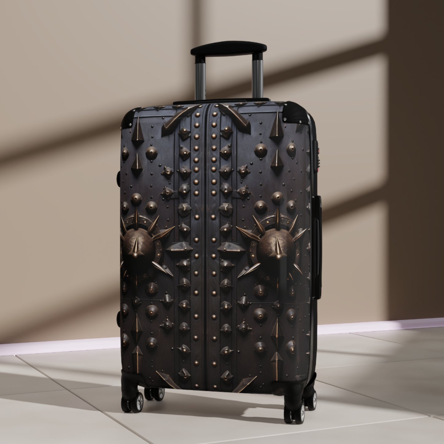 Gothic Medieval Door Design: Dark Wood with Brass Spikes - Suitcase