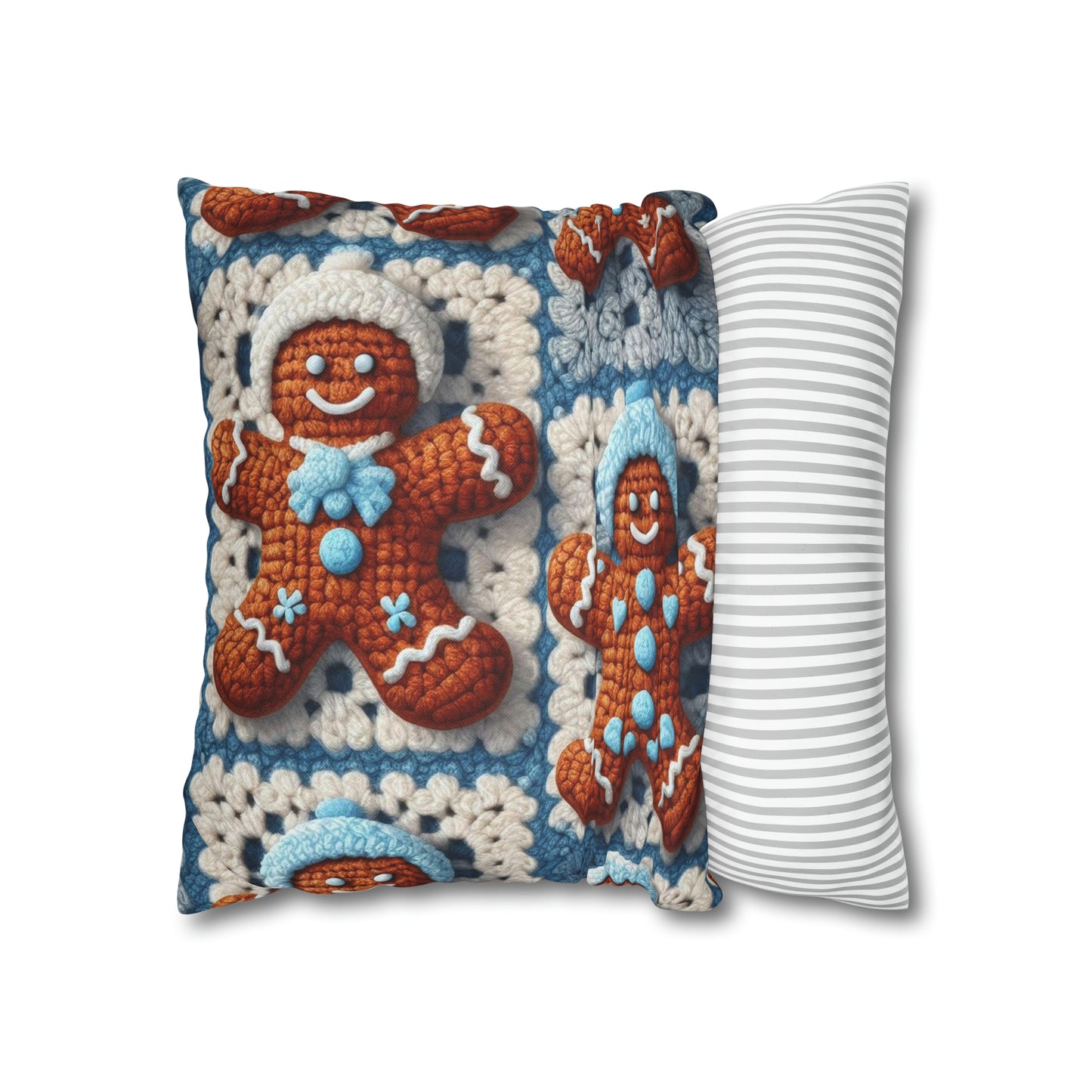 Winter Cheer: Charming Crocheted Gingerbread Christmas Friends Adorned with Snowy Hats and Sweet Smiles - Spun Polyester Square Pillow Case