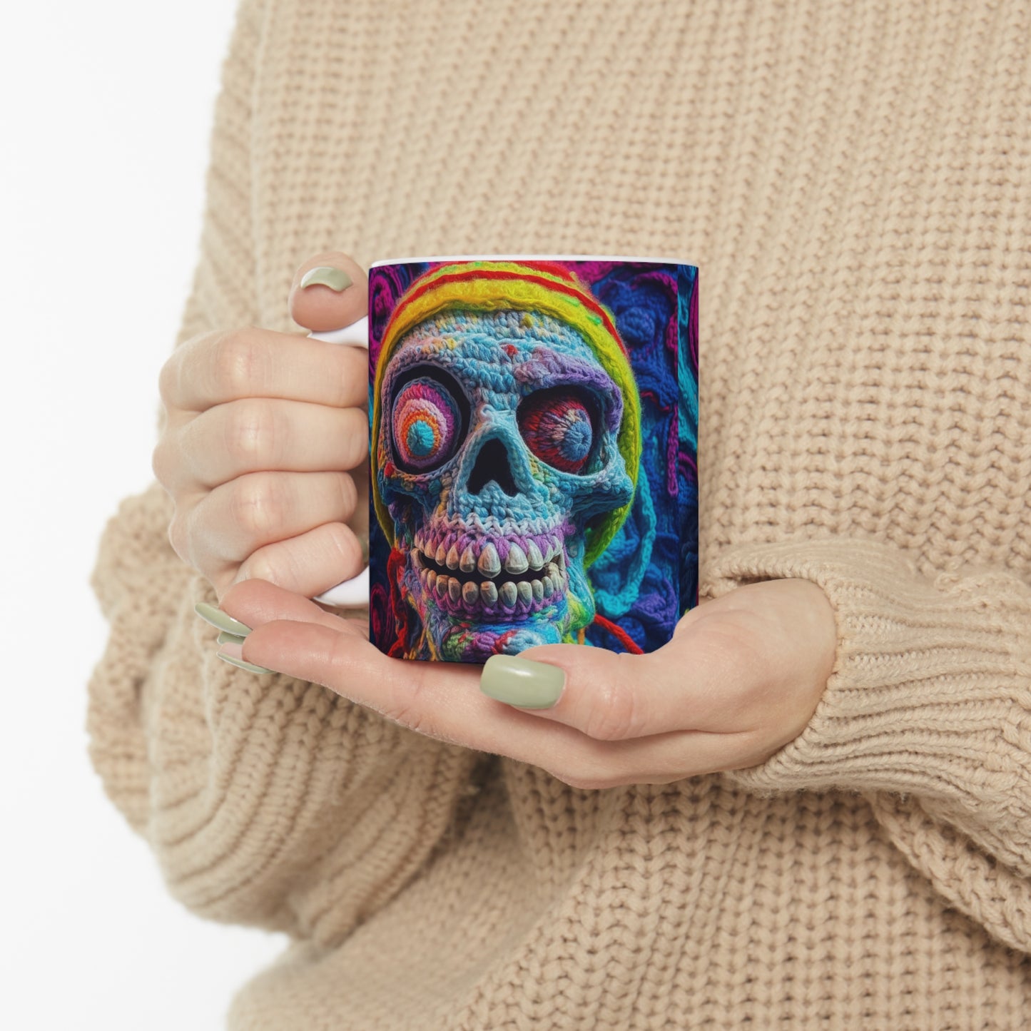 Diseño de terror aterrador de Halloween con calavera de ganchillo - Taza de cerámica 11oz 