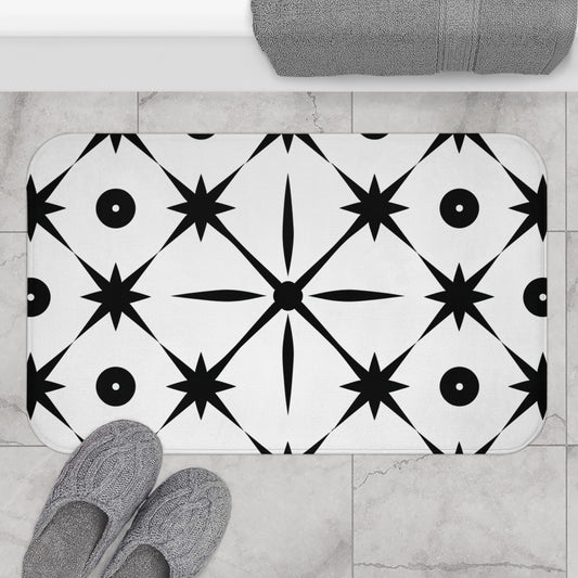 Mid Century Modern Asterisk Design - White & Black Atomic Starburst - Bath Mat