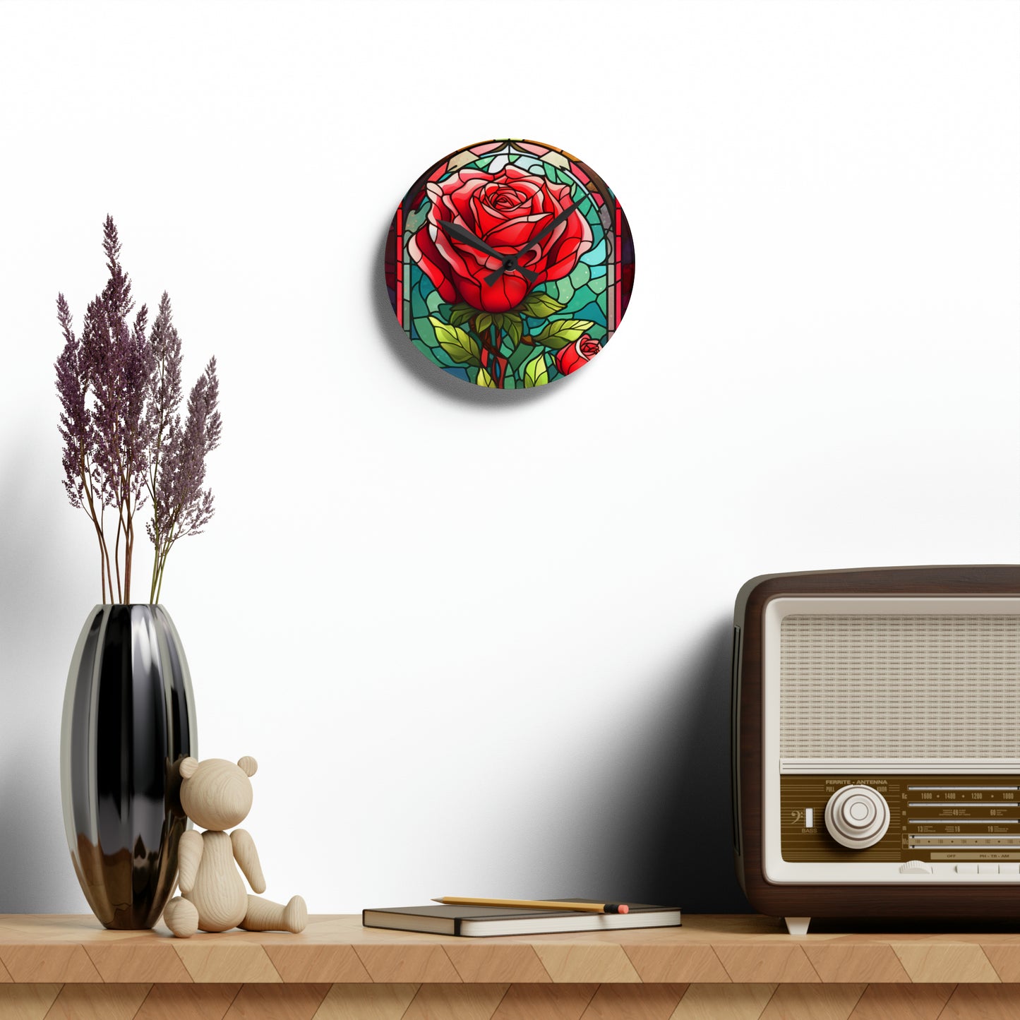 Stained Glass Flower Rose Design - Acrylic Wall Clock