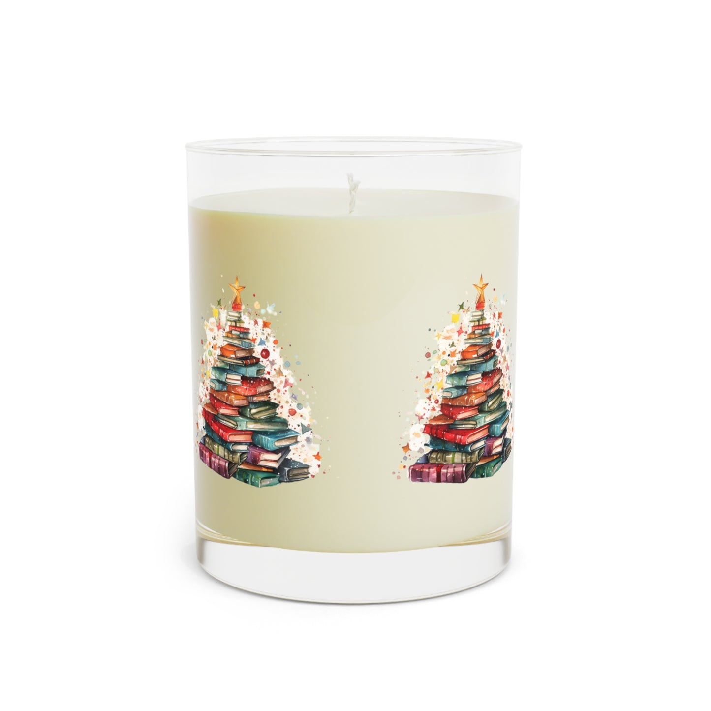 Book Stack Christmas Tree, Festive Holiday Illustration, Cozy Winter Reading Theme, Seasonal Book Lover Artwork - Scented Candle - Full Glass, 11oz