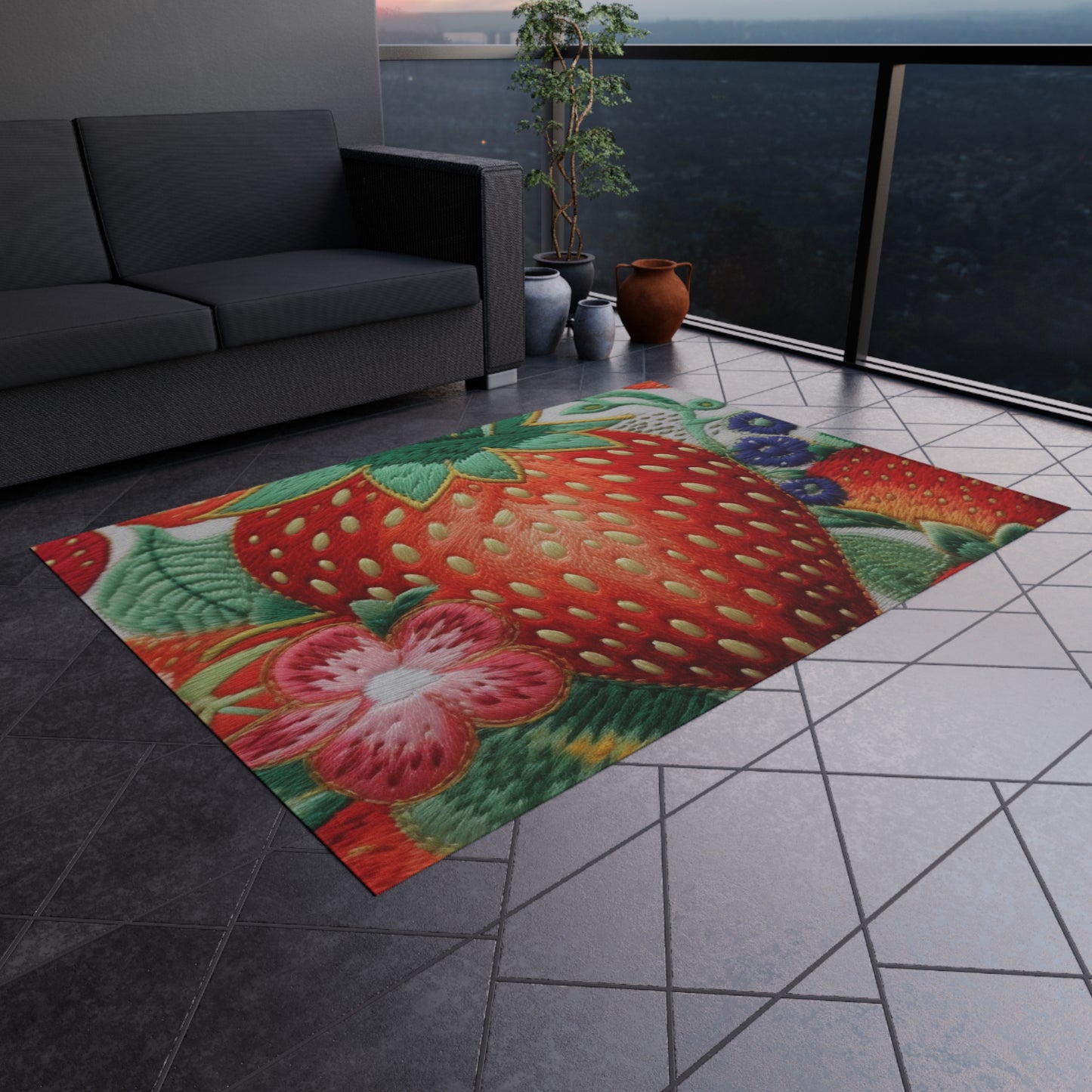 Berry Delight: Sun-Kissed Strawberries Fields Meet Embroidered Style Strawberry Patterns - Outdoor Rug