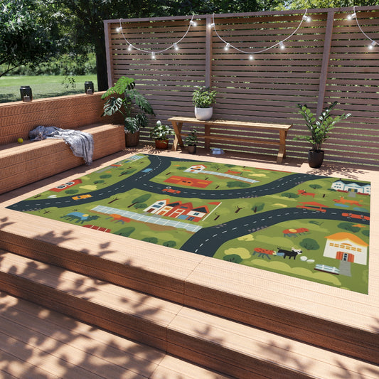 Country Cruise: Kids' Farm Scene with Vehicle Paths Play - Outdoor Rug