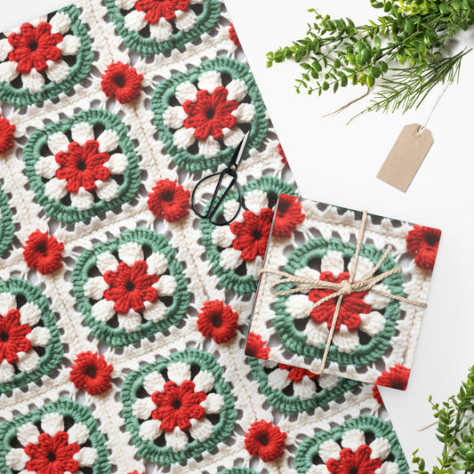 Christmas Granny Square Crochet, Cottagecore Winter Classic, Seasonal Holiday - Wrapping Paper