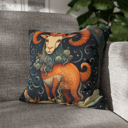 Diseño humorístico del estilo del libro infantil del zodiaco de Capricornio - Funda de almohada cuadrada de poliéster hilado 