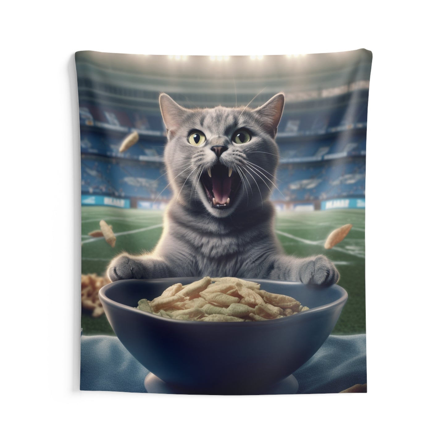 Halftime Football Feline: Screaming Sports Fan Cat Stadium Food Kitten - Indoor Wall Tapestries