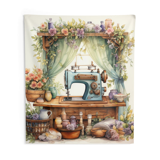Rustic Sewing Nook Watercolor Illustration, Pastel Vintage Sewing Machine with Floral - Indoor Wall Tapestries