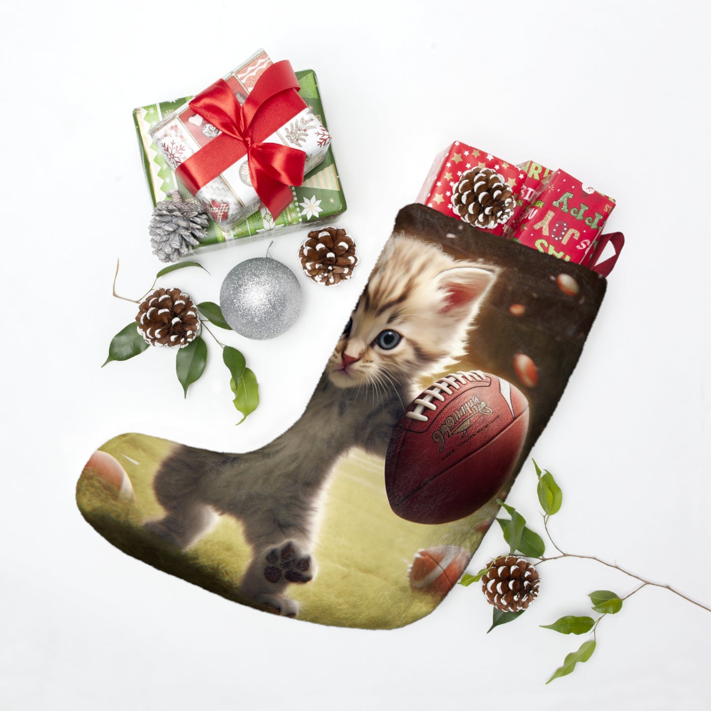 Football Kitty Fantasy: Gato Felino American Sport Quarterback - Medias de Navidad