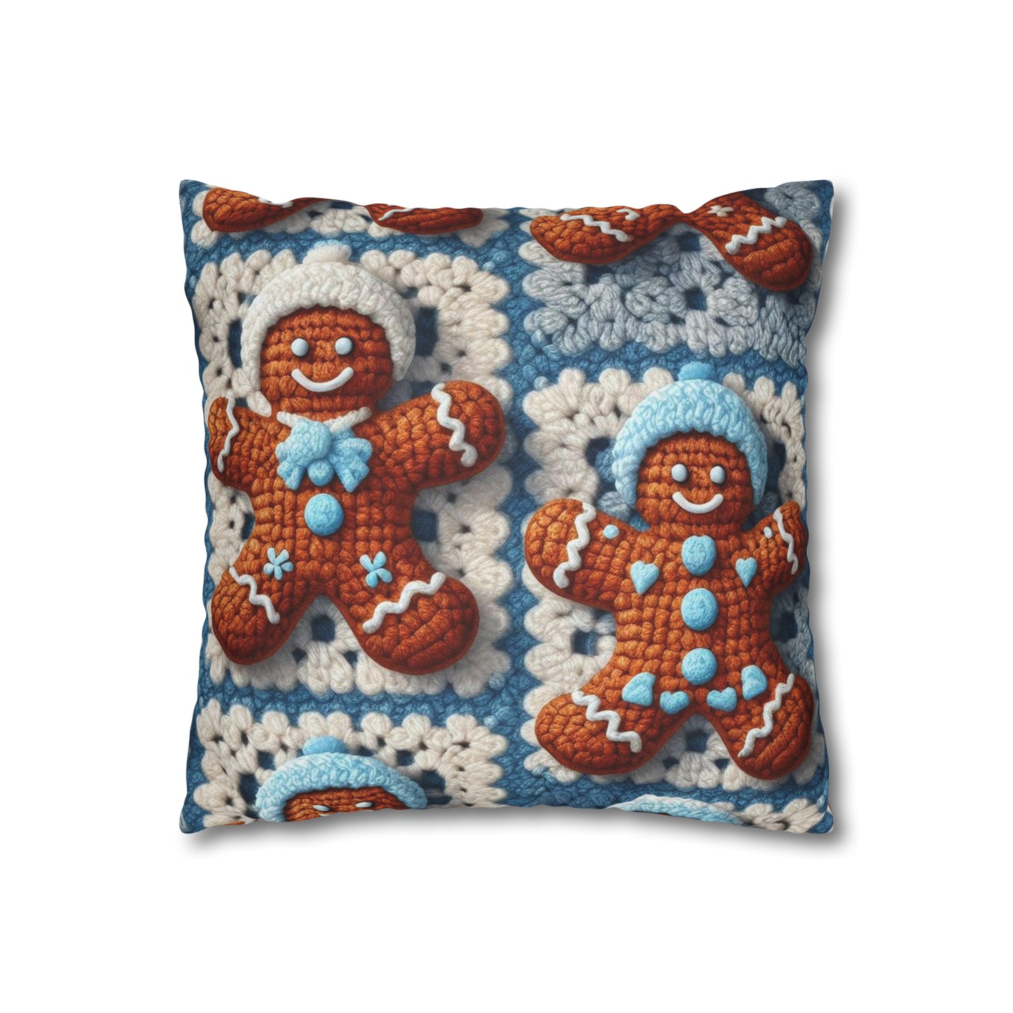 Winter Cheer: Charming Crocheted Gingerbread Christmas Friends Adorned with Snowy Hats and Sweet Smiles - Spun Polyester Square Pillow Case