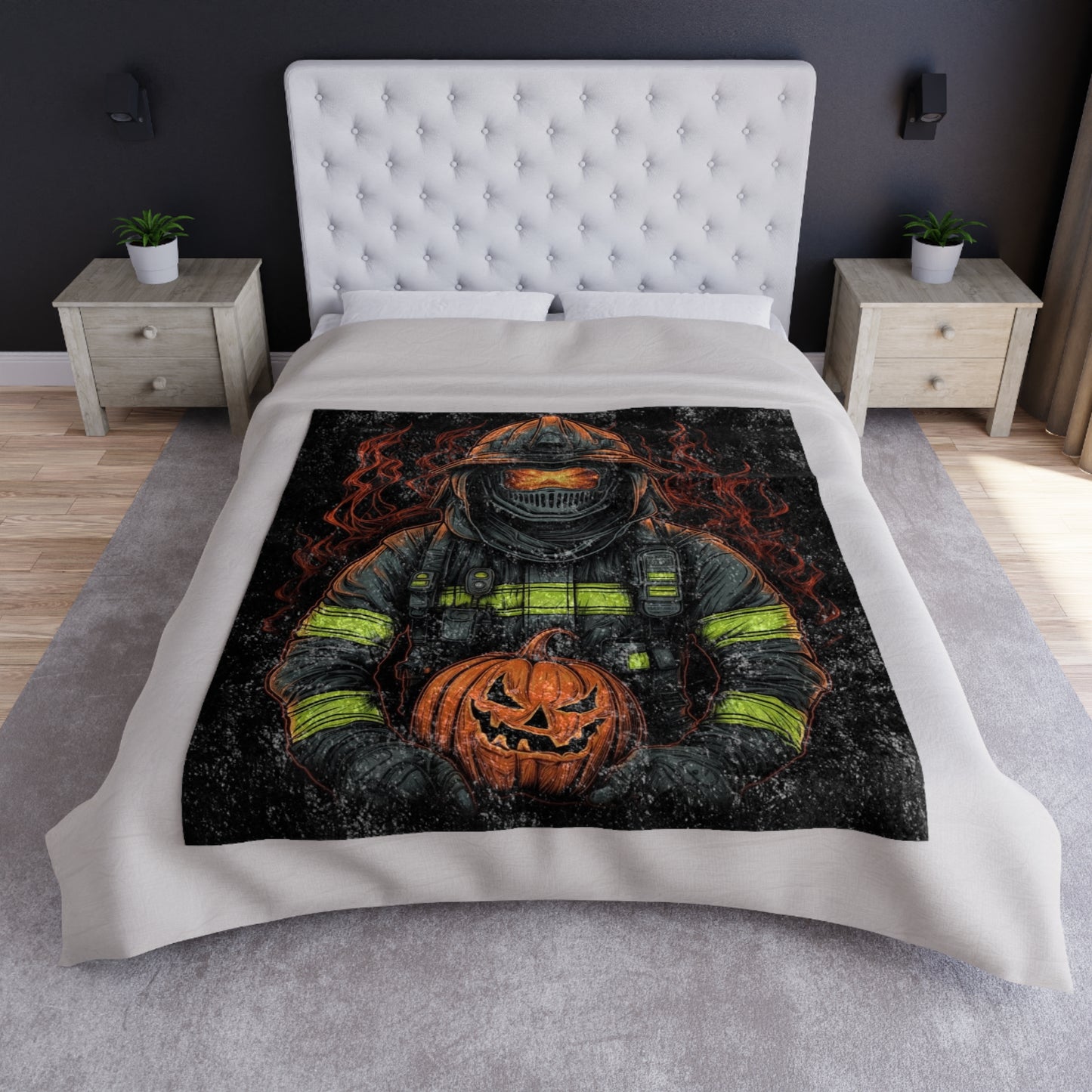 Firefighter Spooky Alert: Facing Haunted Halloween Spirits Scary Fire Pumpkin - Crushed Velvet Blanket