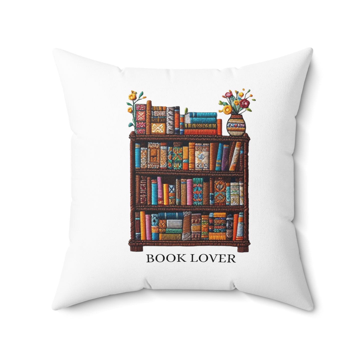 Crafted Book Lover Embroidery: Artisanal Bookshelf Design for Bibliophiles - Spun Polyester Square Pillow