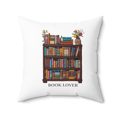 Crafted Book Lover Embroidery: Artisanal Bookshelf Design for Bibliophiles - Spun Polyester Square Pillow