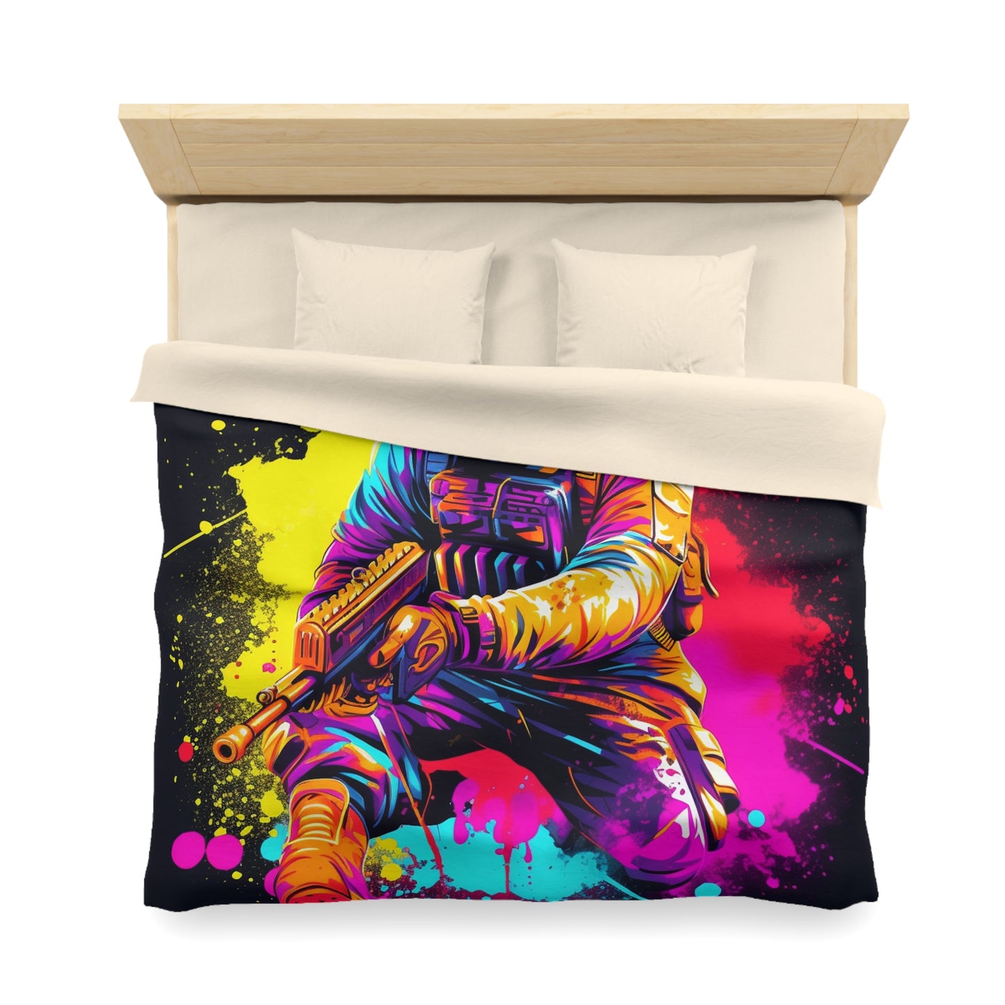 Paintball Action Sport: Player in Battle, Paint Splatter - Microfiber Duvet Cover