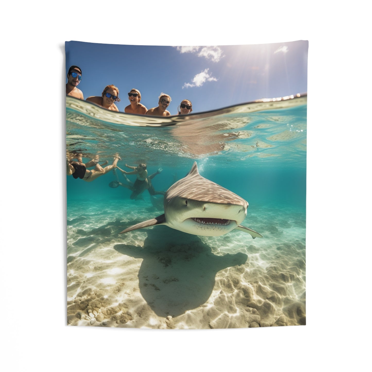 Peaceful Bull Shark with Swimmers: Ocean Scene - Perfect for Sea Lovers - Indoor Wall Tapestries