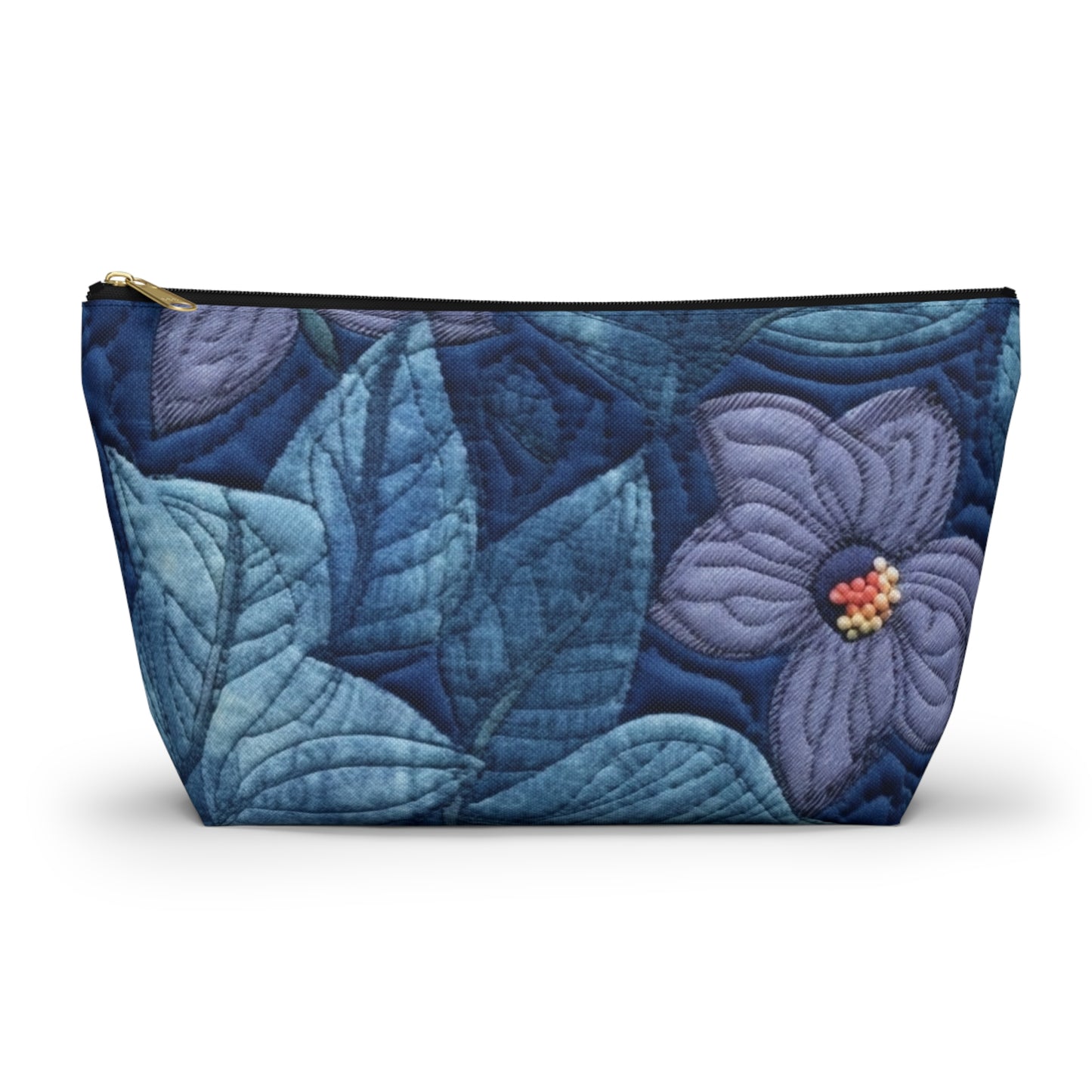 Floral Embroidery Blue: Denim-Inspired, Artisan-Crafted Flower Design - Accessory Pouch w T-bottom