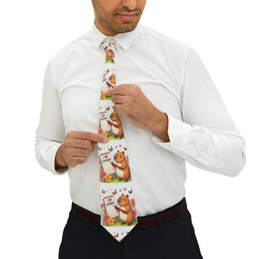 Capybara Holding Pencil and Notepad with I Love Capybaras, Cute Rodent Surrounded by Flowers and Butterflies, Necktie