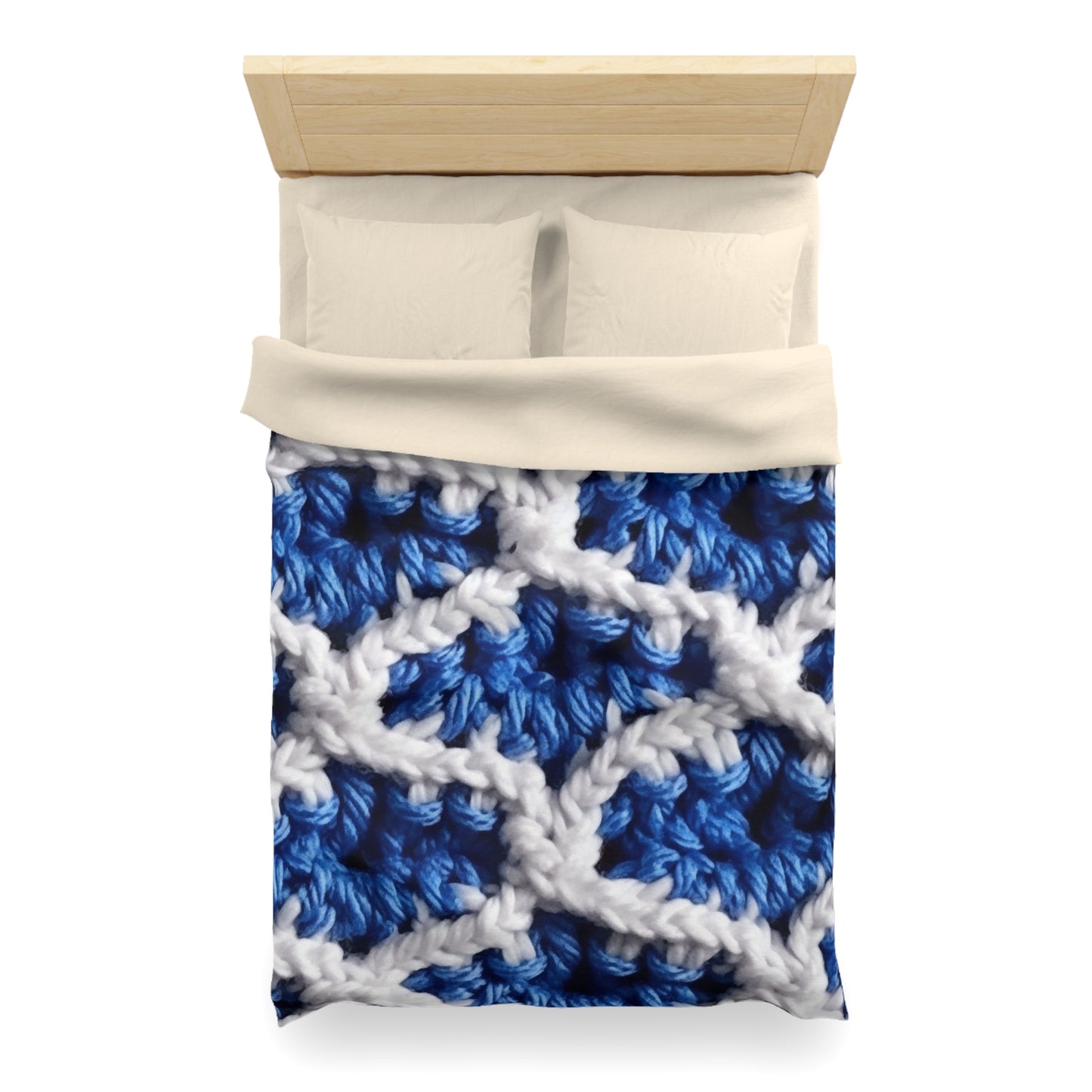 Blueberry Blue Crochet, White Accents, Classic Textured Pattern - Microfiber Duvet Cover