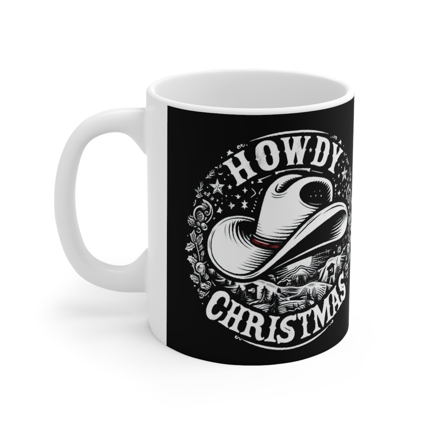 Western Howdy Christmas - Escena de invierno estrellada con sombrero de vaquero - Gráfico festivo de vacaciones en el campo - Taza de cerámica de 11 oz