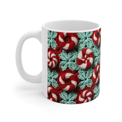 Bastón de caramelo de ganchillo navideño - Patrón navideño blanco y cristal rojo pimienta - Taza de cerámica de 11 oz