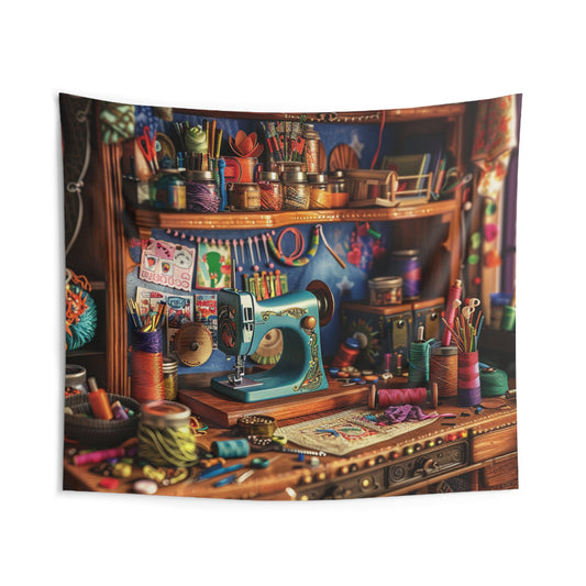 Seamstress Dream: Enchanted Sewing Nook Tapestry, Artisan Craft Room - Indoor Wall Tapestries