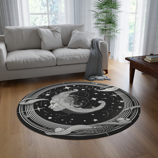 Aquarius 5ft Round Rug, Zodiac Black White Water-Bearer Design, Durable Chenille