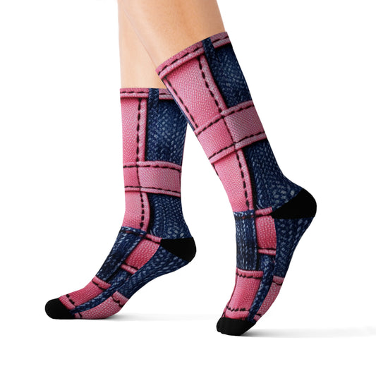 Candy-Striped Crossover: Pink Denim Ribbons Dancing on Blue Stage - Sublimation Socks