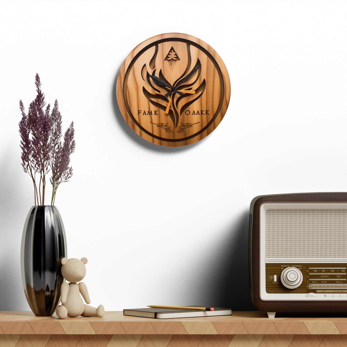 Fancy Wood Oak Engraved Style, Acrylic Wall Clock