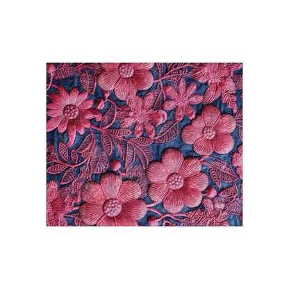 Denim Blue Doll Pink Floral Embroidery Style Fabric Flowers - Crushed Velvet Blanket