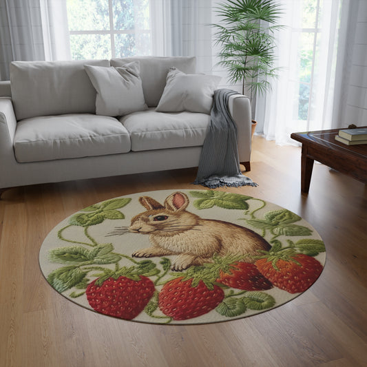 Strawberry Bunny Rabit - Embroidery Style - Strawberries Fruit Munchies - Easter Gift - Round Rug