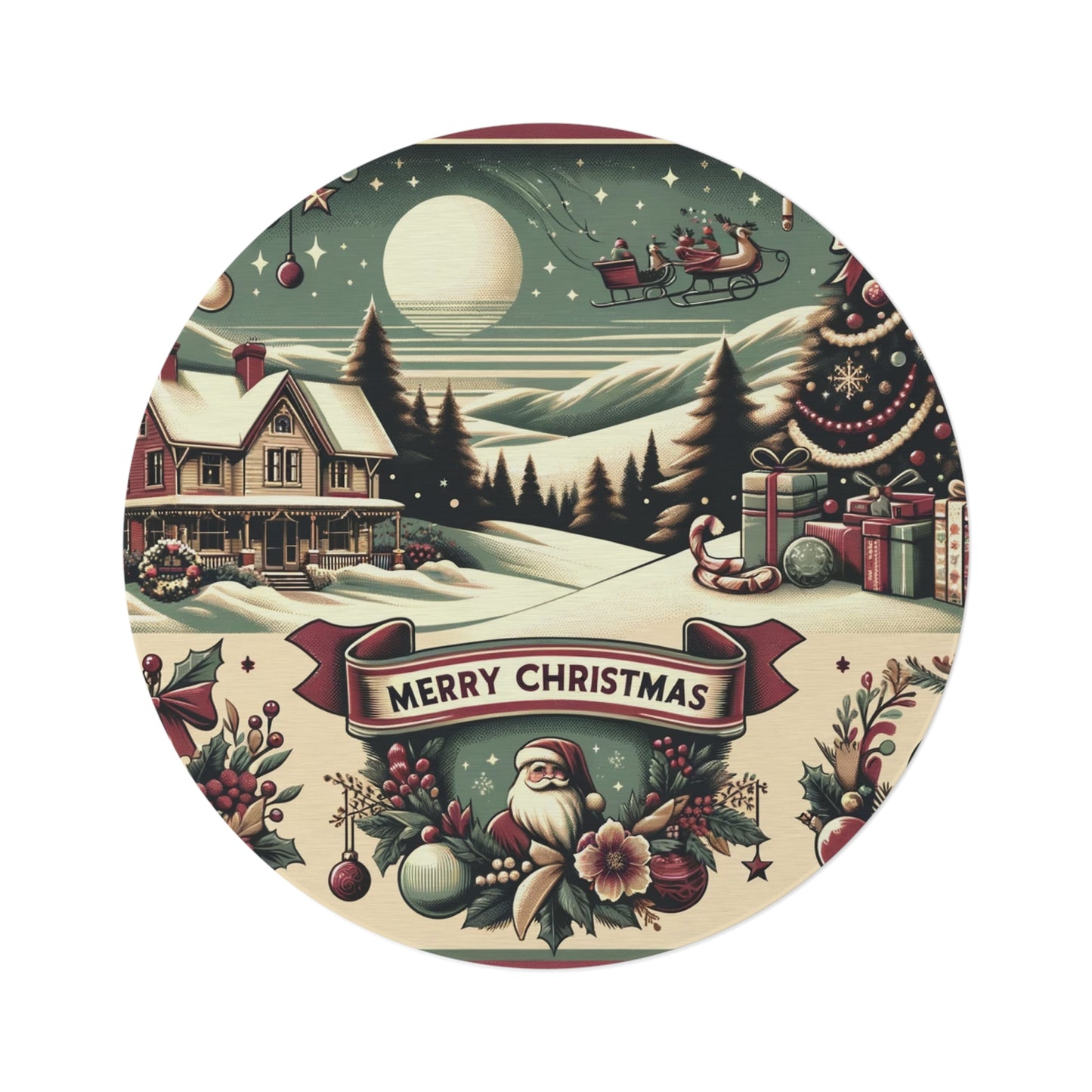 Holiday Charm: Classic Retro Christmas Scene with Santa - 1950s Nostalgic - Round Rug