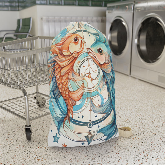 Pisces Zodiac Horoscope - Starry Watercolor & Ink, Hyper-Detailed Fish Laundry Bag