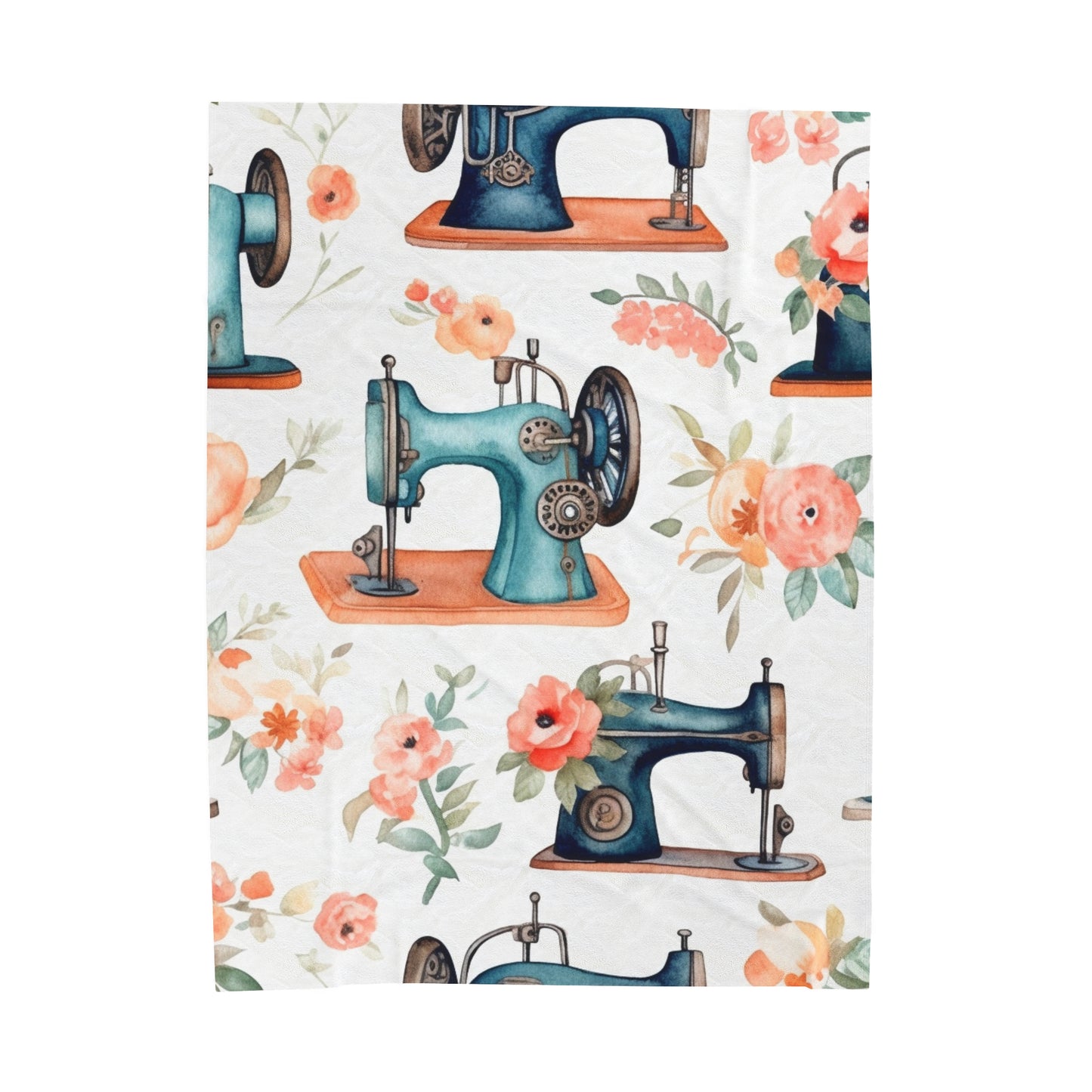 Watercolor Sewing Machines & Floral Bouquets: Antique Feminine Minimalist Styling - Velveteen Plush Blanket